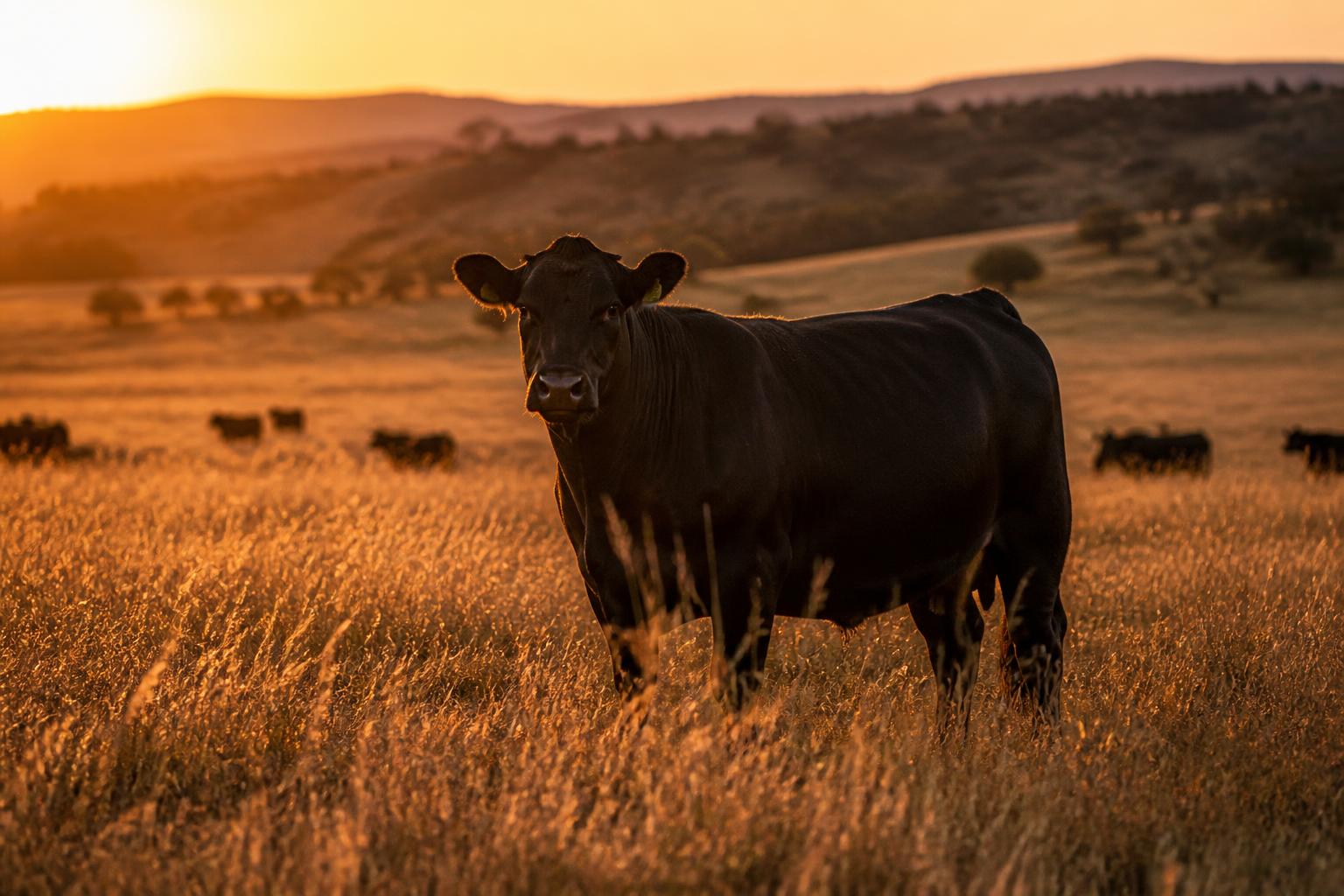 Black Angus cow at golden hour on Texas pasture